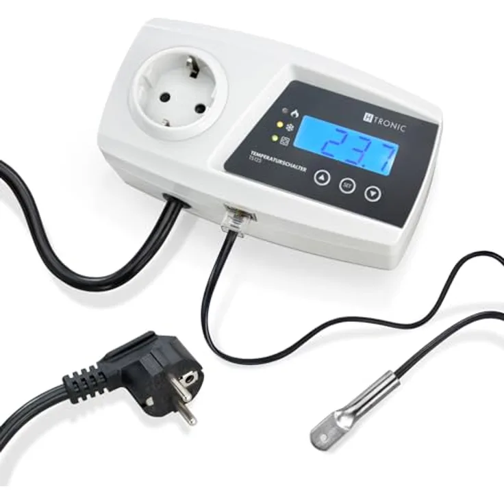 H-Tronic Temperaturschalter TS 125, programmierbares Thermostat mit Temperaturregelung von -55 °C bis +125 °C, Heiz- und Kühlbetrieb, 3000 W, inkl. 2 m Temperatursensor