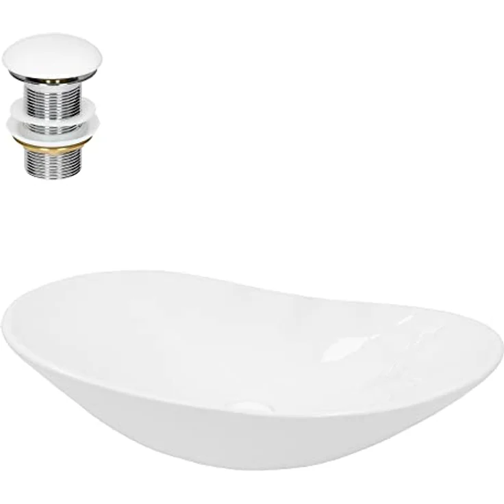 ECD-Germany Keramik Waschbecken, Weiß, Aufsatzwaschbecken mit Standard-Ablaufventil, 36.5x15.5x64 cm – Bild 1