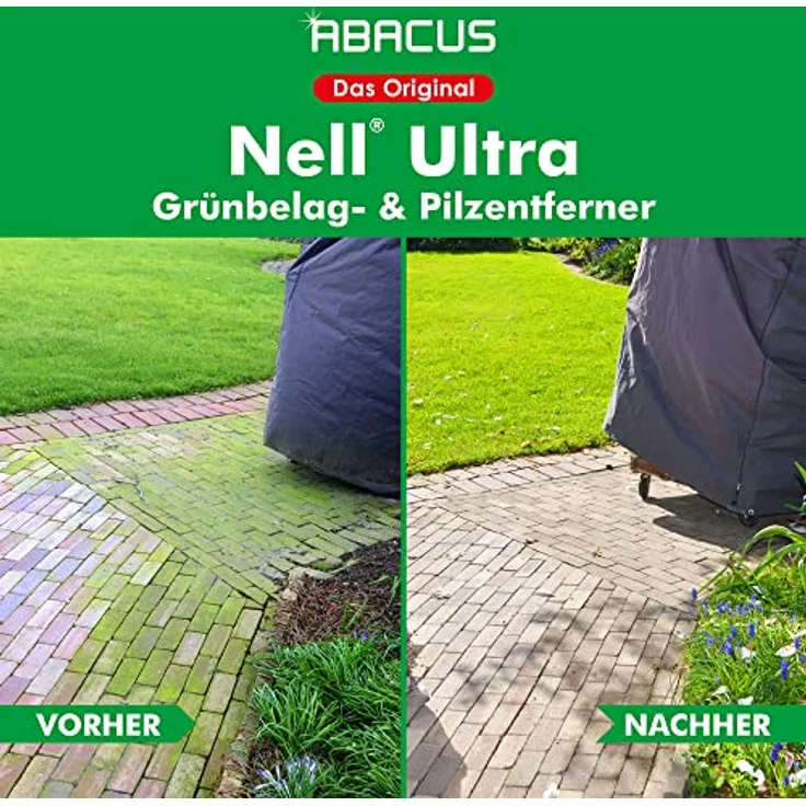Nell Ultra Grünbelagentferner & Algenentferner Konzentrat Set, extrem stark! Entfernt Grünbelag & Algen selbsttätig mit Langzeitschutz – Algen- & Grünbelagentferner 12x1000ml mit Drucksprüher – Set XXL – Bild 5