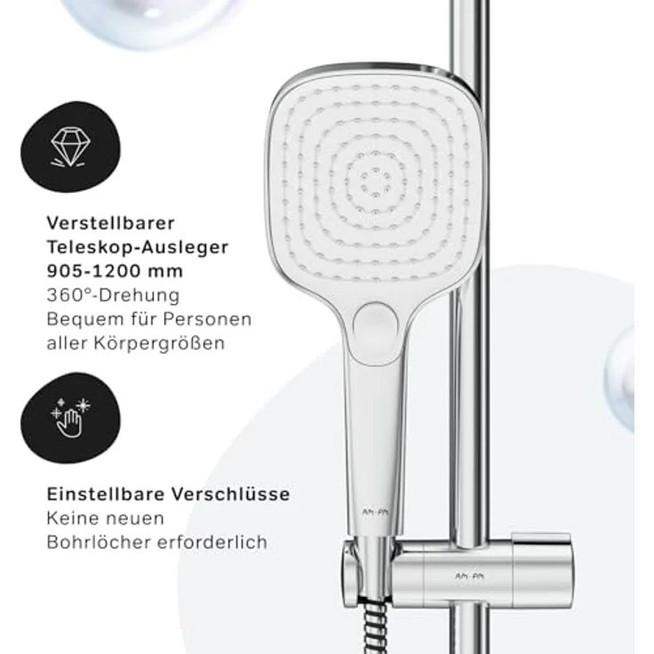 AM.PM Duschsystem PLAY, Regendusche mit teleskopischer Duschstange, 3 Strahlarten, Edelstahl Kopfbrause, Chrom – Bild 4