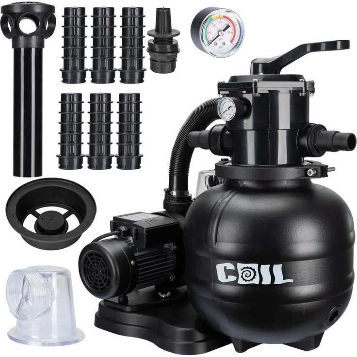 COIL Sandfilterpumpe mit 7-Wege-Ventil, Pumpenleistung 6000/7000/10000/19000 l/h, Sandbehälter 20/33/75 kg, 1,5 bar, für Schwimmbäder
