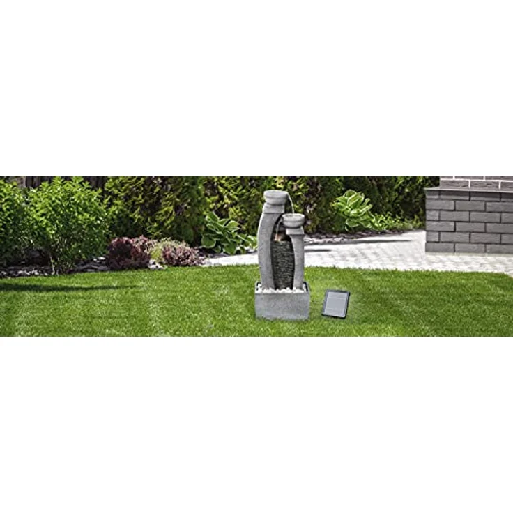 Teamson Home Gartenbrunnen Solarbrunnen, 76 cm hoher Polyresin Wasserfallbrunnen mit 3 Ebenen in Grau, verstellbares Solarpanel und beleuchtete Schalen – Bild 8