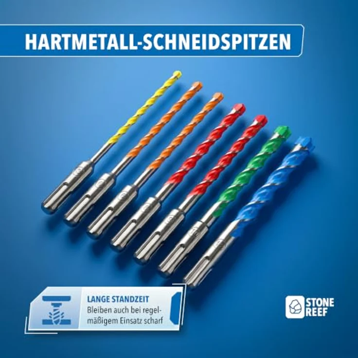 STONE REEF SDS Plus Bohrer Set 7 tlg, farbcodiert 5-12 mm, für Beton, Mauerwerk und Stein, inkl. Aufbewahrungsbox – Bild 4