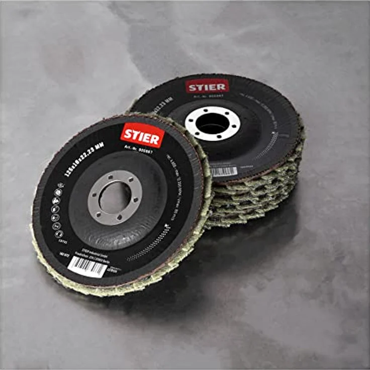 STIER Vlies Fächerschleifscheiben, 125 x 18 x 22,23 mm, grob, 5 Stk., kühler Schliff bei 12.200 RPM, für Edelstahl – Bild 2