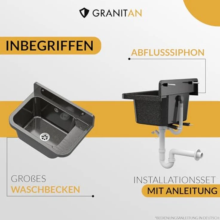 Granitan Kunststoffspüle Ausgussbecken aus Polypropylen - Waschtrog mit Siphon 50x34x31 cm, Waschbecken Set, Garagenspüle mit FLEX-Spülbeckenarmatur – Bild 4