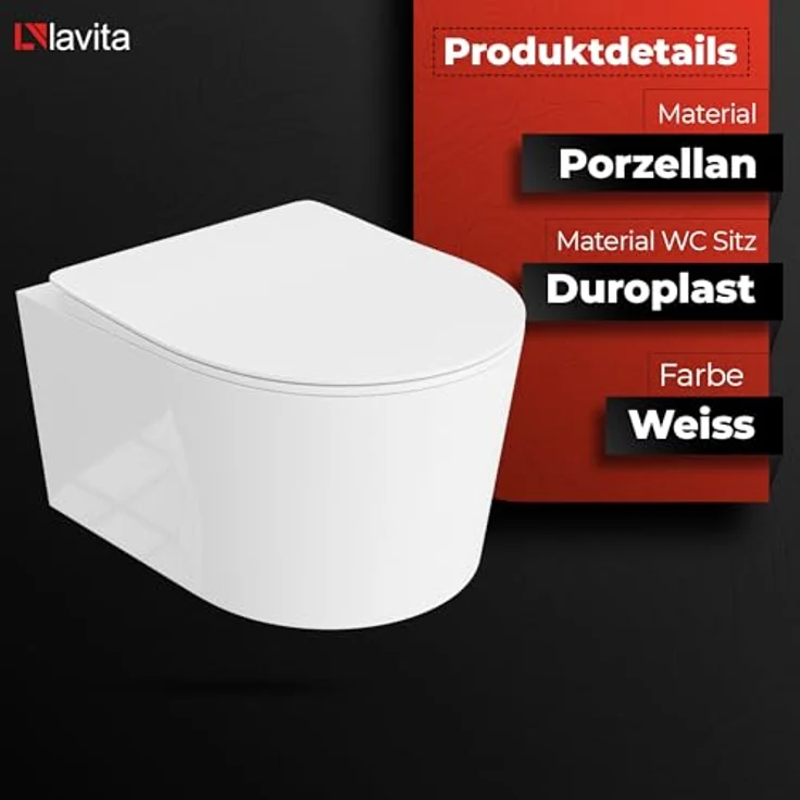 lavita Wand-WC Loso | Hänge Toilette | Toilettendeckel mit Absenkautomatik & Metallscharniere | Spülrandlos Hängend | 360x450x350 mm | Weißer Glanz – Bild 3