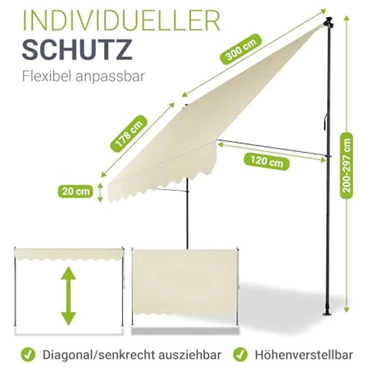 Juskys Klemmmarkise Kapstadt 300x120 cm - Höhenverstellbar & UV-beständig - Wetterfest & Sichtschutz - Terrassenüberdachung Beige – Bild 5