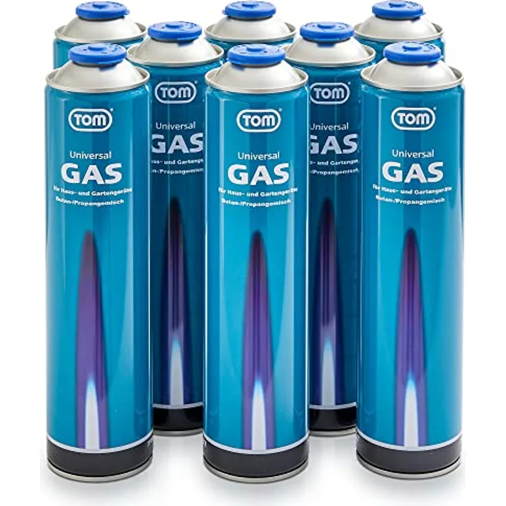 TOM Universalgas Kartuschen 8er Set LG-600, 336 g Propan-/Butangas pro Kartusche, sicheres Ventilsystem, ideal für Camping und Gartenarbeiten