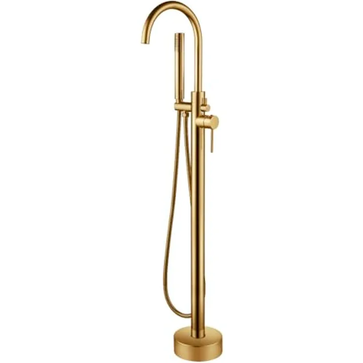Aloni Standarmatur CR6057-2BG, freistehende Badewannenarmatur aus Messing, gold gebürstet, mit 360° drehbarem Auslauf und Handbrause, 1,5 m Schlauch