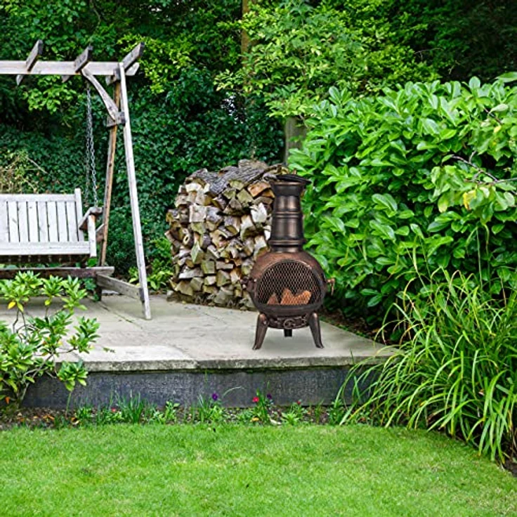 relaxdays Feuerkorb Terrassenofen in Bronze, Gusseisen, Aztekenofen für Garten und Terrasse, stabiler Gartenofen mit Funkenfluggitter – Bild 5