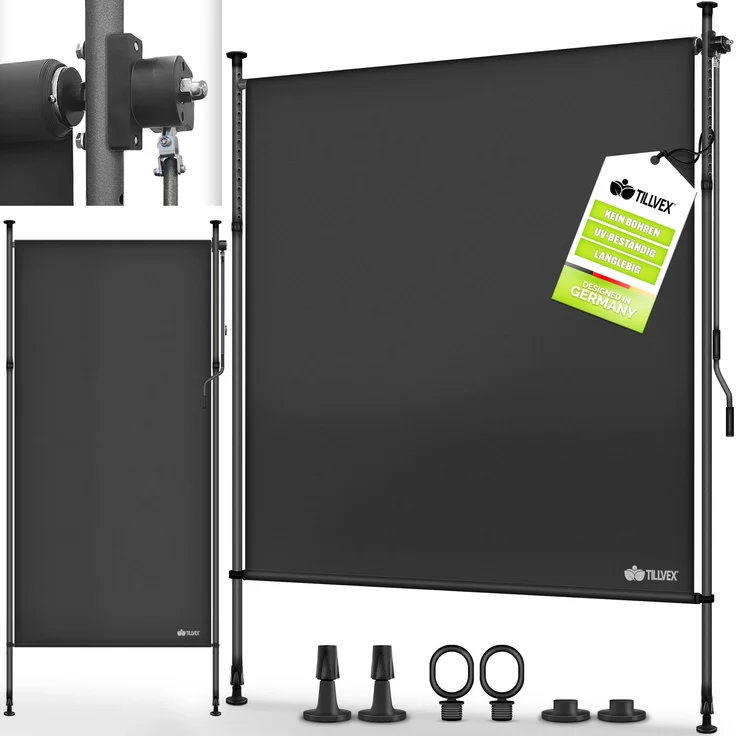 tillvex Klemmmarkise Senkrechtmarkise 150x310cm Anthrazit mit Handkurbel | Ausziehbar & Blickdicht | Wetterfeste Vertikalmarkise für Balkon Terrasse Garten
