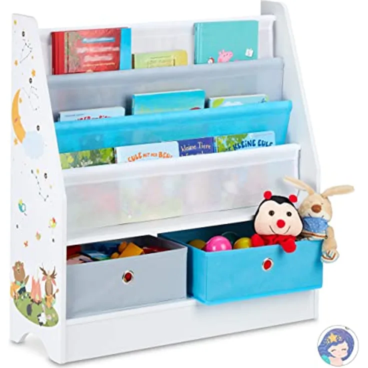 Relaxdays Kinderregal Tiermotiv, 2 Boxen, 3 Fächer, Spielzeug Aufbewahrung, Kinder Bücherregal HBT 74 x 71 x 23 cm, bunt