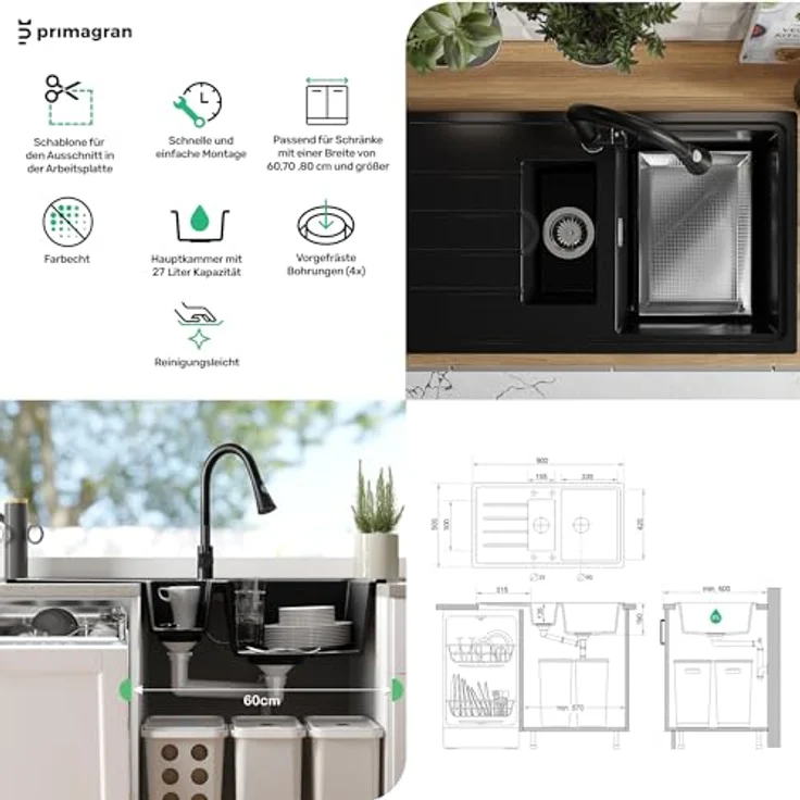 Primagran Kopenhagen Duo 90x50cm Anthrazit Granitspüle 1,5 Becken + Ablauf-Set - Reversible Einbauspüle, hitzebeständig, schmutzabweisend – Bild 5