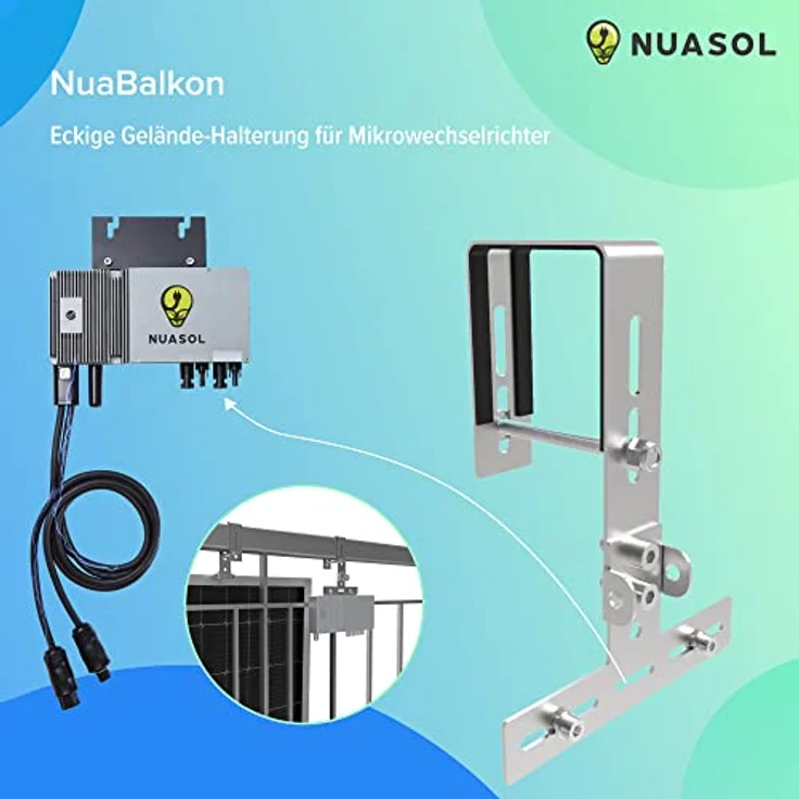 NuaSol Balkonkraftwerkhalterung Geländer Befestigung für 2 Solarmodule und ein Wechselrichter Photovoltaik | Eckig | Neigungswinkel 0° & 25-45° | Geländerbreite bis 80x80mm | Silber – Bild 5