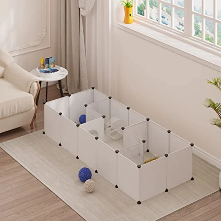 EUGAD Freilaufgehege Kaninchen, Freigehege Meerschweinchen, Welpenauslauf, Kleintiergehege für drinnen, Gehege für Chinchilla Hamster, mit Hammer, Weiß + Transparent, 175x75x35cm 0047WL – Bild 2