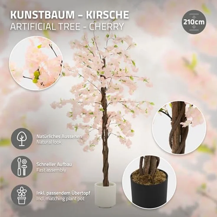 ML-Design Künstlicher Kirschblütenbaum 210 cm Rosa, mit stabiler Naturholzstamm und inkludiertem Topf – Bild 2