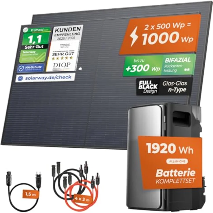Solarway® Balkonkraftwerk 1000Wp/800W mit 1,9kWh EcoFlow STREAM Max Speicher, 2 x 500W bifaziale Solarmodule, komplettes Set inklusive Zubehör, schwarz – Bild 2