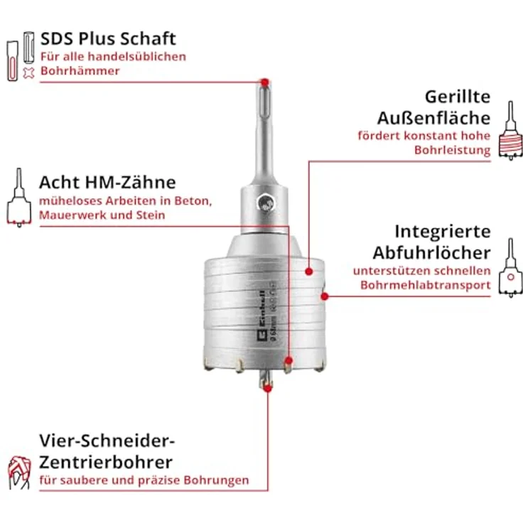 Einhell HM-Bohrkrone 176068, Ø 68 mm mit Hartmetallzähnen und SDS-Plus-Schaft für Beton und Mauerwerk – Bild 2