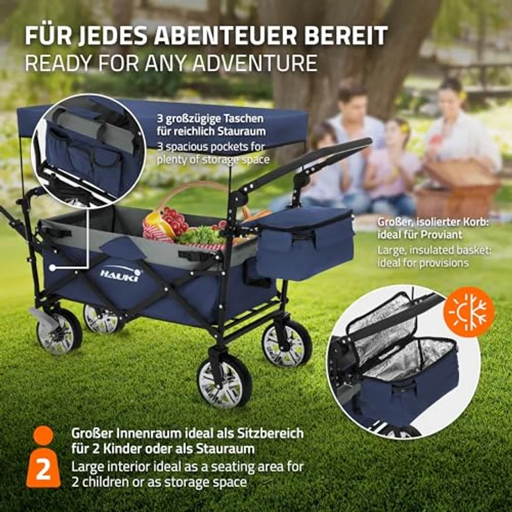 Hauki Bollerwagen XXL faltbar mit Dach, Blau-Grau, 360° drehbare Vorderräder, PU Räder mit Bremsen, Tragkraft 150 kg – Bild 5