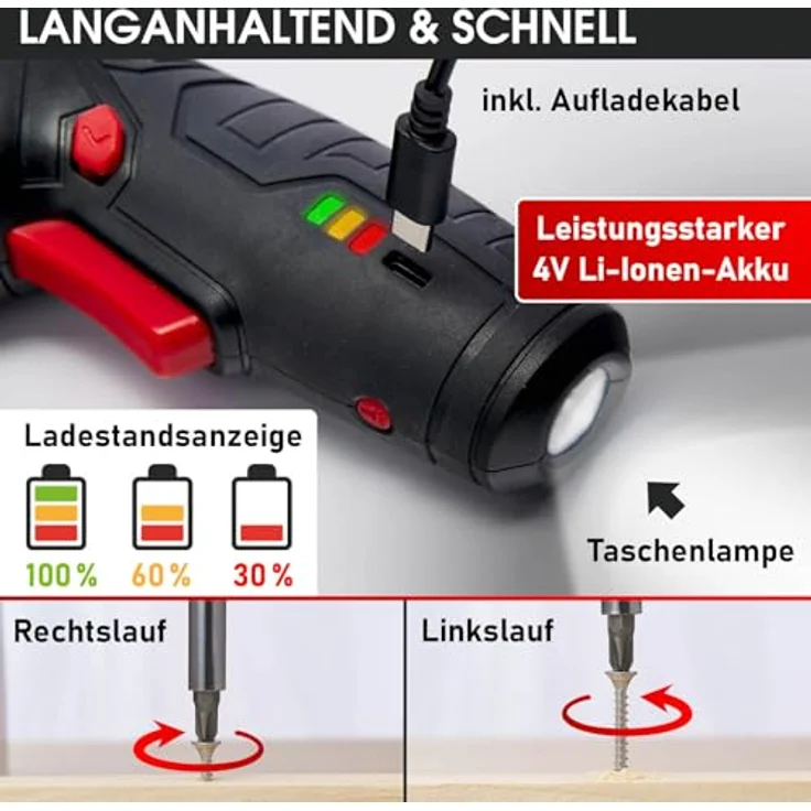 BRAST Akkuschrauber Akku Bohrschrauber, 4,0V Li-Ion mit 54 Chrom-Vanadium-Bits, schwenkbarem Kopf, USB-C Ladekabel und integriertem Überlastschutz – Bild 4