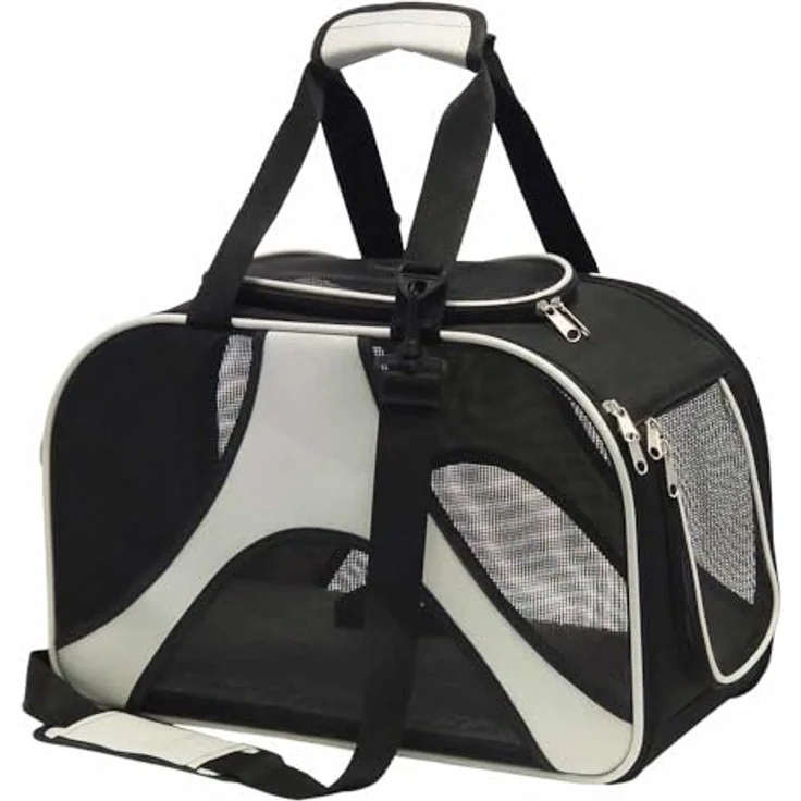 Nobby Tasche Swing Creme schwarz 46 x 22 x 30 cm, strapazierfähige Mikrofaser, abwaschbar, für Tiere bis ca. 8 kg, mit Utensilienfach und herausnehmbarem Boden – Bild 1
