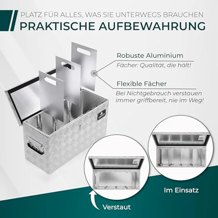 CARGO VA CargoVA - Wasserfeste Deichselbox mit Vorhängeschloss, Abschließbare Transportbox [60x25x30CM] mit Aluminium-Fächern und universeller Passform – Bild 4