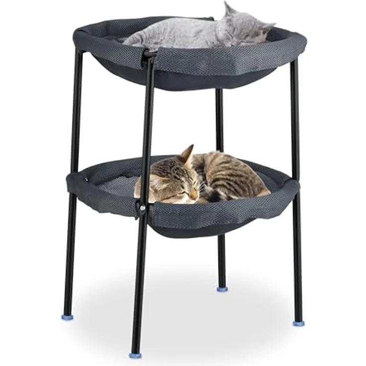 relaxdays Katzen-Hängematte Stehende 2 Etagen, Polyester, grau-schwarz, platzsparendes Design, max. Traglast 20 kg – Bild 1
