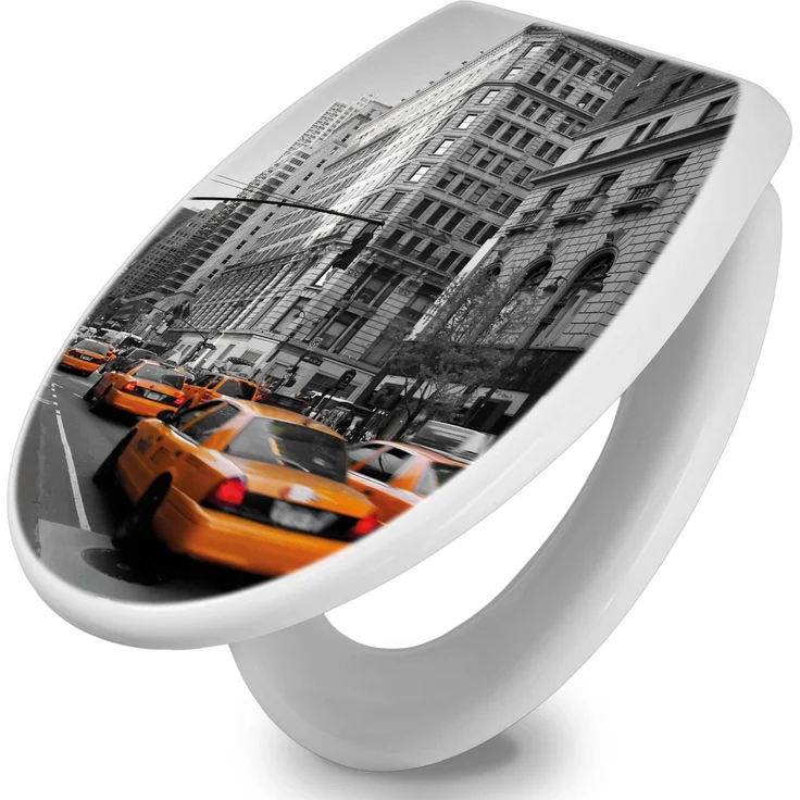 Banjado Toilettendeckel mit Absenkautomatik, WC-Sitz Soft Close in Weiß, Duroplast mit Motiv New York Taxi, leichte Montage