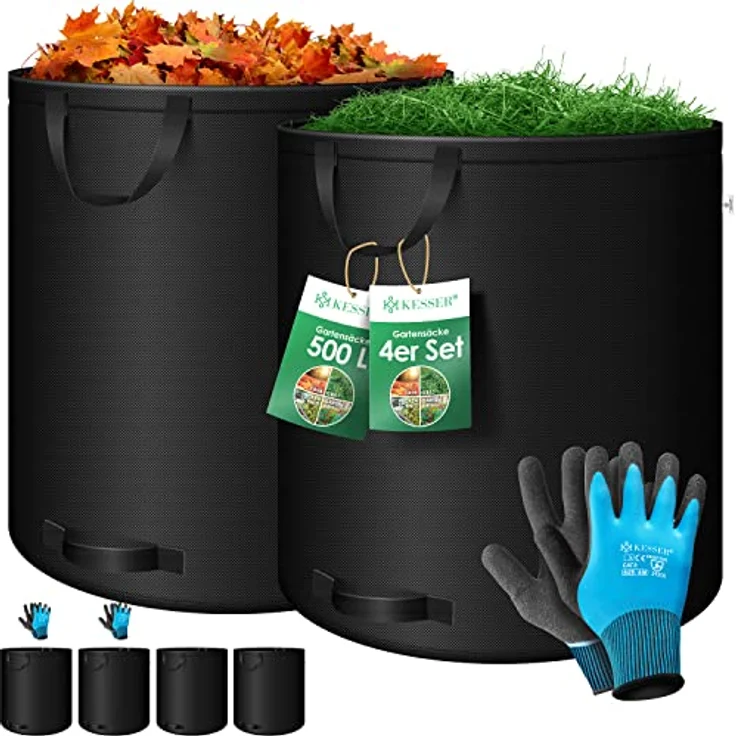 KESSER® Gartensack 4X 500L Set, selbststehend und faltbar, robustes Material mit 4 Handgriffen, schwarz, inkl. Handschuhe – Bild 1
