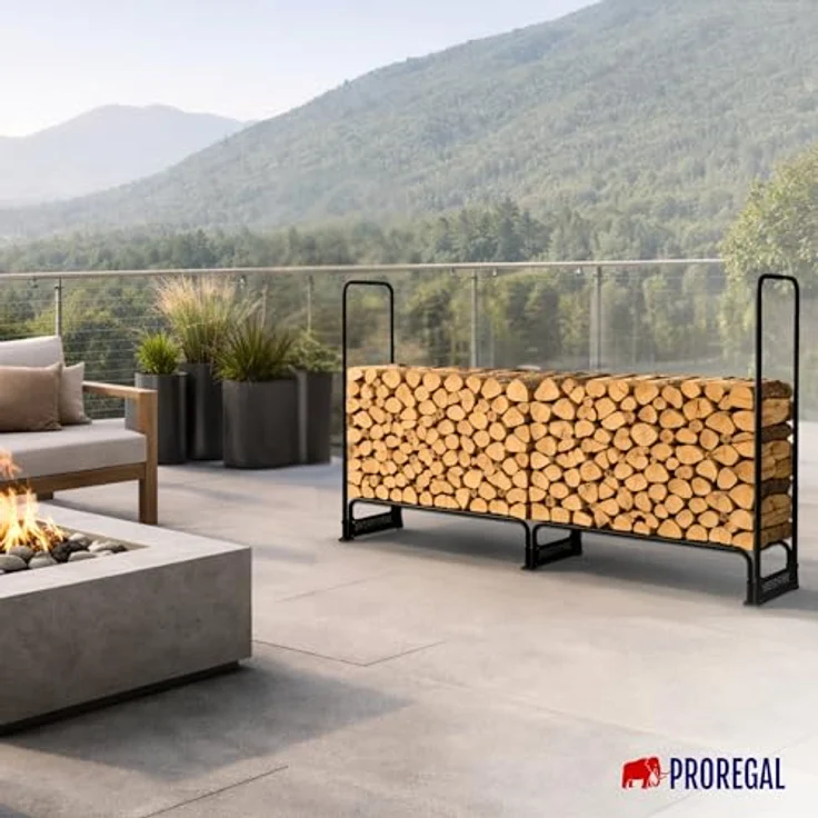 PROREGAL Kaminholzregal CHIMERA, wetterfestes Stahl-Regal für Außenbereiche, 117x260x36cm, Schwarz, inkl. Abdeckung & Handschuhe – Bild 3