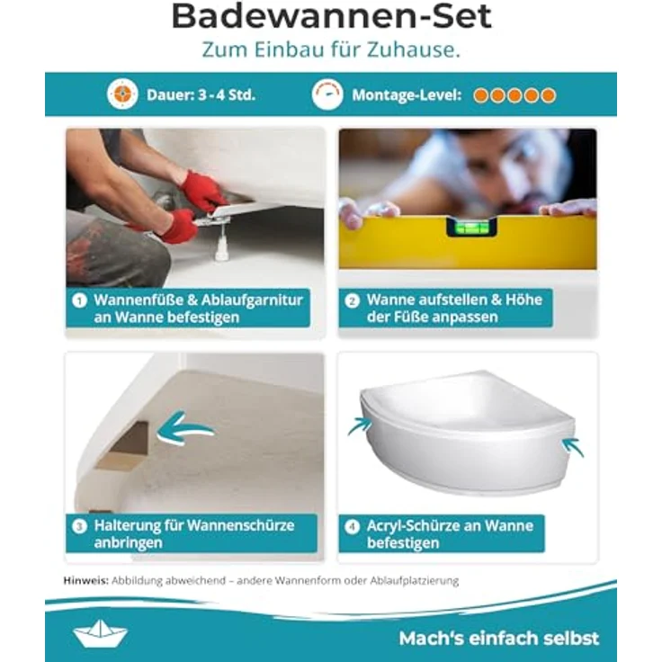 Calmwaters Eckbadewanne Curved Wellness 150x150 cm, mit Schürze, Wannenfüßen & Ablaufgarnitur, 300 l Wasserinhalt, erhöhte Sitzfläche – Bild 2