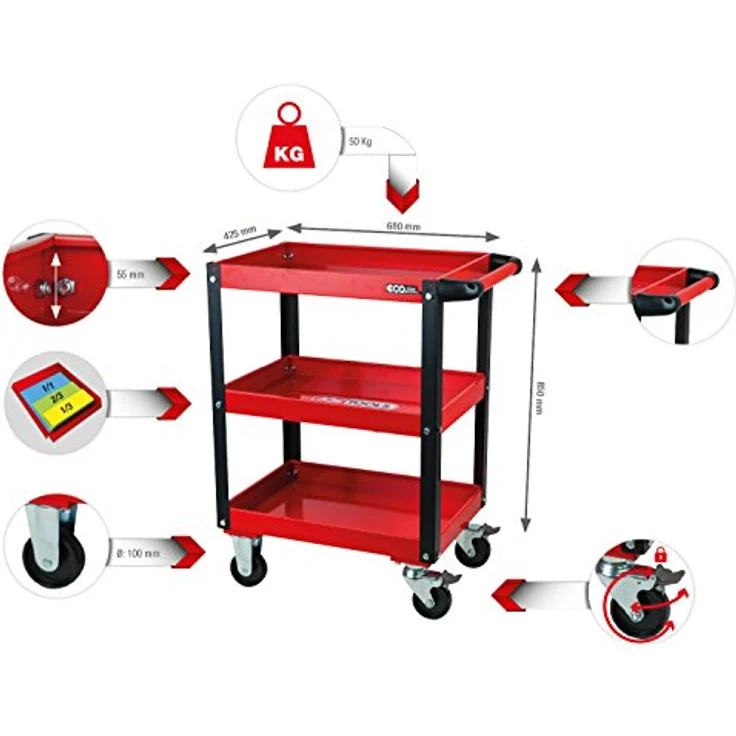 KSTOOLS ECOline Werkstatt-Servicewagen, H850xB680xT425mm, stabiler Stahlblech-Konstruktion, 3 Etagen, rot, hohe Tragkraft bis 150 kg, leicht rollbar mit 4 Rädern – Bild 2