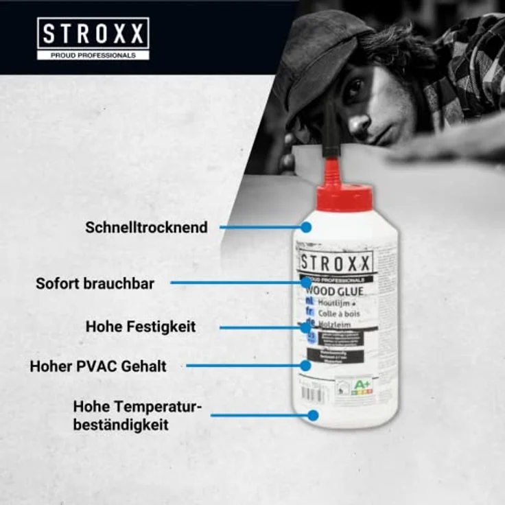 STROXX® Holzleim 750g weiß – wasserfest & temperaturbeständig – perfekt für den Innen- & Außenbereich geeignet – schnelltrocknender Super D3 PVAC Holzkleber für Verleimungs- & Bastelarbeiten (1) – Bild 2