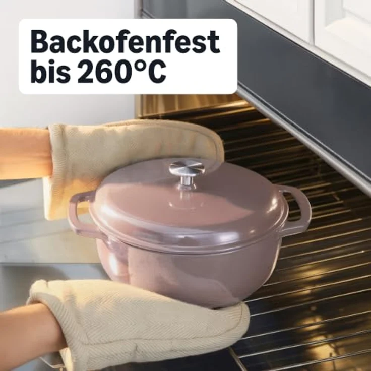 Amazon Basics Schmortopf Rund, Emaillierter Gusseisen Dutch Oven mit Deckel, 5,7 L, Lehmfarben, gleichmäßige Wärmeverteilung, für alle Herdarten geeignet – Bild 4