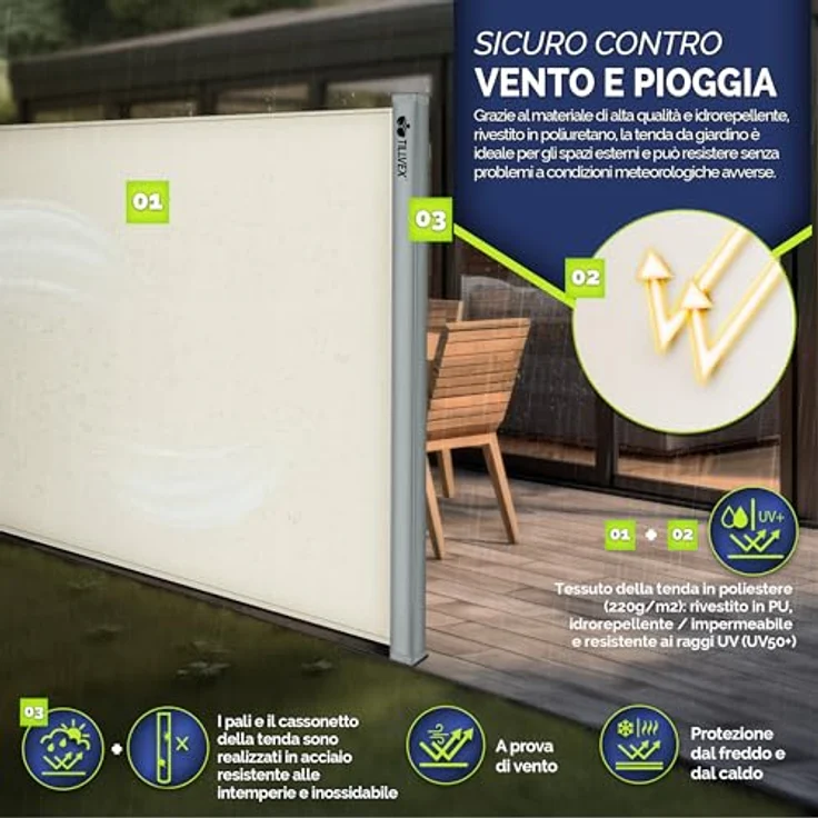 tillvex® Seitenmarkise 200 x 400 cm ausziehbar & Blickdicht | Sichtschutz für Balkon, Garten & Terrasse | Sonnenschutz aus rostfreiem Stahl | Markise Windschutz, grau – Bild 5