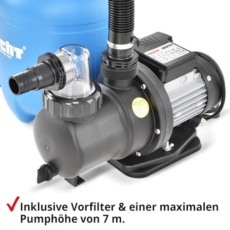 Hecht Sandfilteranlage 302111, 7-Wege Ventil, 12 kg Sandkapazität, 6 m³/h Förderleistung, 200W, 32/38 mm Schlauchanschlüsse – Bild 2