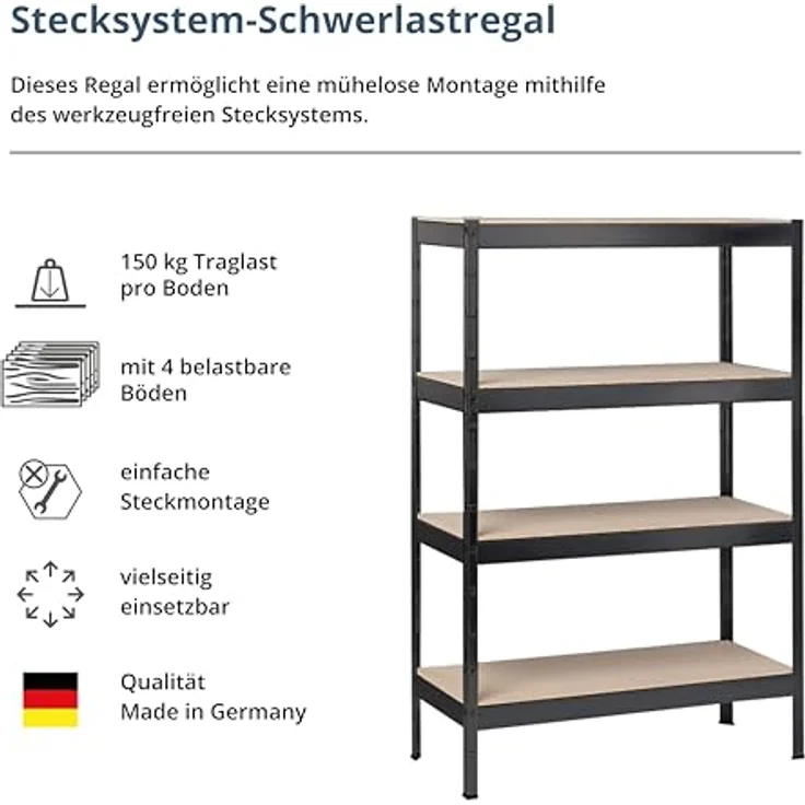 SCHULTE Regalwelt Stecksystem-Grundregal M, 4 Holzböden 1800x1000x400, schwarz – Bild 3