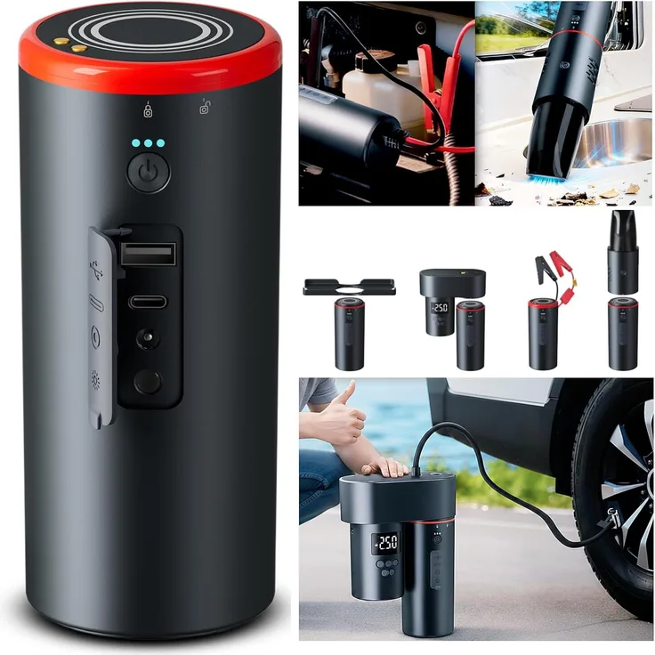 Reflexion Auto Smart Kit, Powerbank 15.000 mAh, kompaktes Multitalent mit Kompressor, Starthilfe und Mini-Sauger