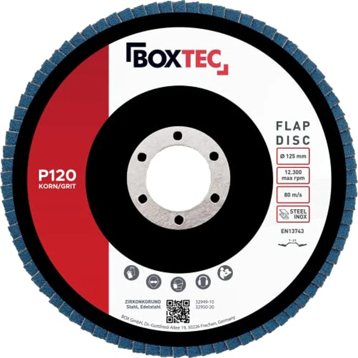 BOXTEC Profi-Fächerscheiben BLAU 125mm INOX Lamellenscheiben Schleifscheiben, Körnung:P120-20er Pack - Hochwertige Lamellenscheiben für Edelstahl und Metallbearbeitung – Bild 1