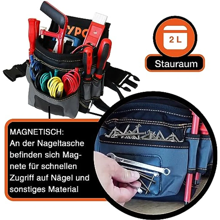YPC Presto Werkzeug Gürteltasche XL – wasserfeste Werkzeugtasche mit 12 Taschen, Hammerschlaufe, reißfestem Nylongürtel, Grau-Schwarz, 27x21x13cm, 5 kg Tragkraft – Bild 5