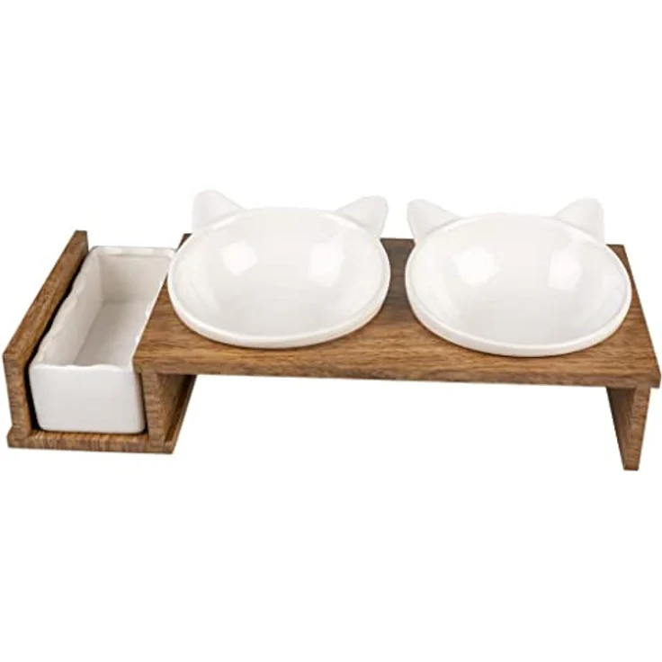 duvoplus, Set mit 3 Keramikschalen für Katzen, Modell Stony Up, Ständer aus Polywood, 3 Schalen zum Essen, Trinken und Katzenminze, spülmaschinenfest, 250 ml + 350 ml, Weiß – Bild 4