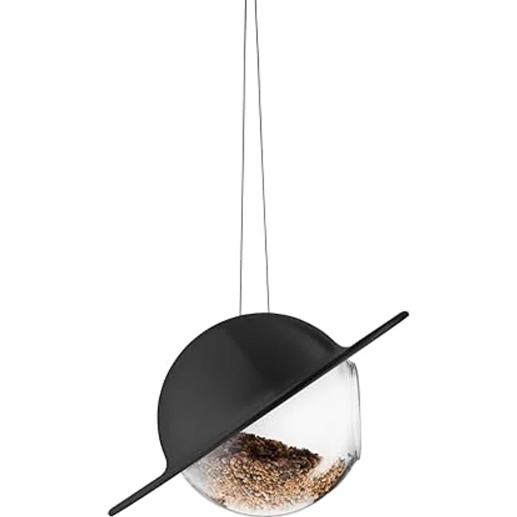 EVA SOLO Saturn Vogelfutterhaus Schwarz, wetterbeständiger Futterspender mit transparenter Glaskugel und Schutzdach, wartungsarm für Gartenvögel – Bild 3