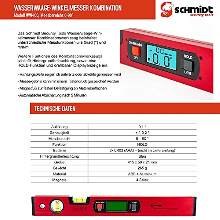 SCHMIDT security tools WW400 Digitale Wasserwaage Winkelmesser, Aluminium mit Kunststoff-Endkappen, Rot – Bild 8