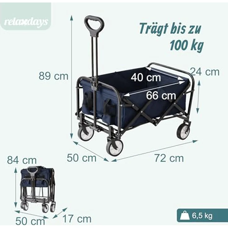 Relaxdays Bollerwagen, faltbar für bis zu 100 kg, Teleskopgriff, Oxford-Gewebe, Transportwagen für Einkauf, Camping & Strand, blau – Bild 4