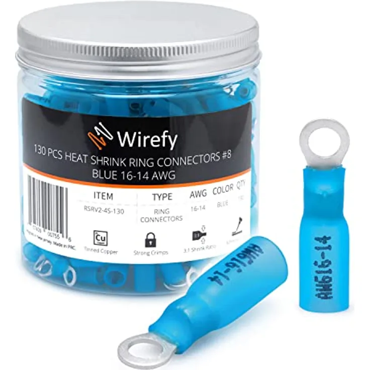 Wirefy Blaue Ringkabelschuhe Schrumpfverbinder M4, Lötfreie Quetschverbinder für 1,5-2,5 mm² Draht, 130 Stück