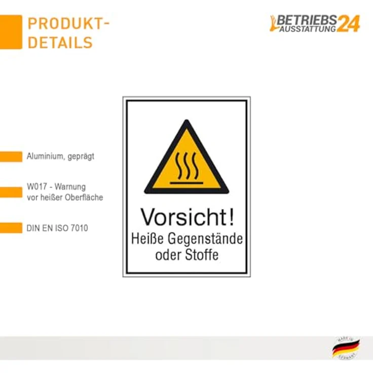 Betriebsausstattung24 Warn-Kombischild "Vorsicht! Heiße Gegenstände oder Stoffe", geprägtes Aluminium, 13,1 x 18,5 cm, UV- & witterungsbeständig, für Innen- und Außenbereich – Bild 3