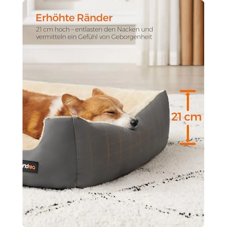 Feandrea Hundebett, Hundekorb mit Wendekissen, 70 x 55 x 21 cm, grau, tiergerechte Materialien, erhöhte Ränder, hypoallergene Füllung – Bild 4