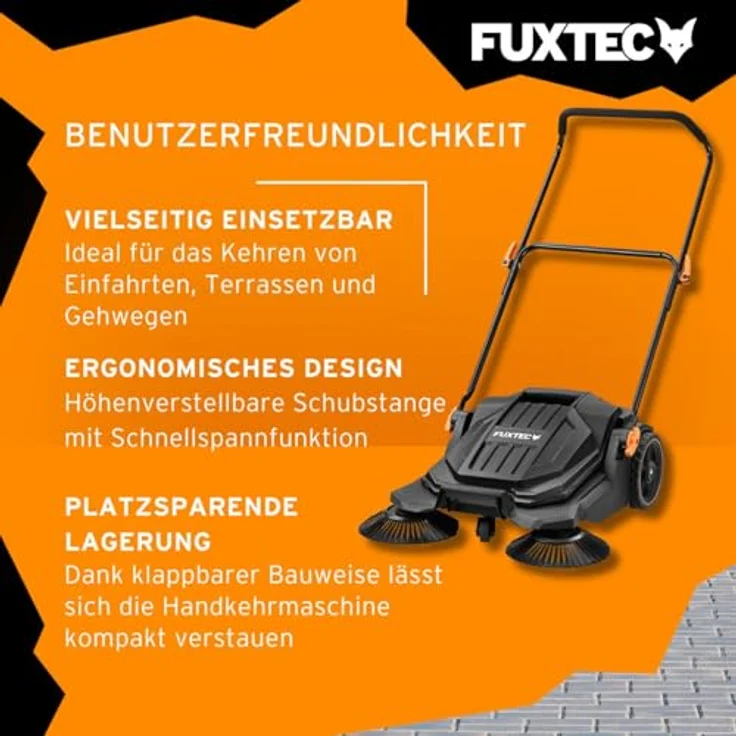 FUXTEC Handkehrmaschine FX-HK65, Kehrgerät für Außenbereiche, 650 mm Arbeitsbreite, 20 L Behälter, ergonomisches Design, Flächenleistung bis 2000 m² – Bild 4