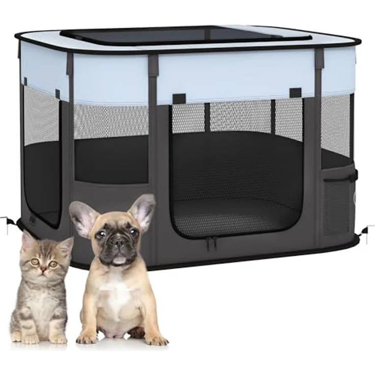 PawHut Welpenauslauf, faltbarer Welpenlaufstall mit Türen und Fenstern, atmungsaktives Netz, für Hunde bis 4 kg, grau, 74 x 60 x 45 cm, Indoor und Outdoor – Bild 1