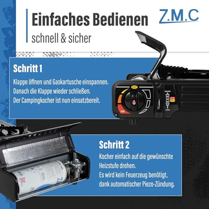 Z.M.C PREMIUM Camping Gaskocher 2-flammig + Grillplatte 45x24 cm + 8 Gaskartuschen 227g, mit Zündsicherung und Piezozündung, für Outdoor und Innenraum, Balkon Doppelgaskocher – Bild 5